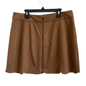 WAYF Large Mini Skirt Faux Suede Brown Mini Zip Front Y2K Scalloped